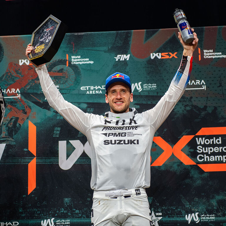 Ken Roczen on the podium wearing KR94 collection