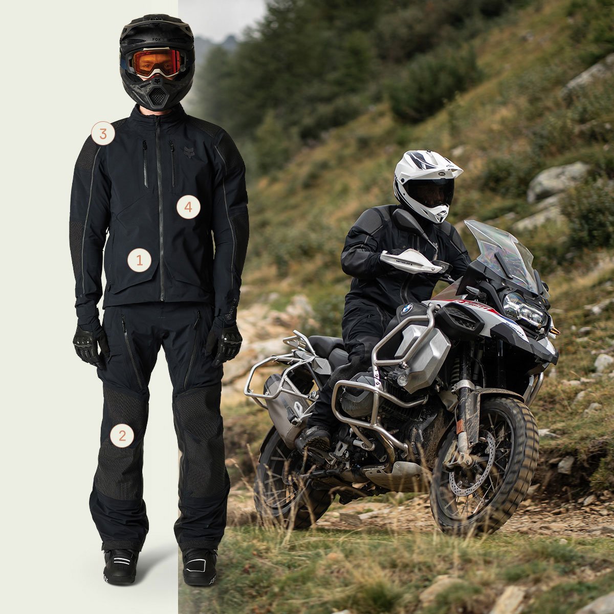 A side-by-side featuring a model wearing the Recon adventure suit from head to toe, alongside an the same model riding on a trail.